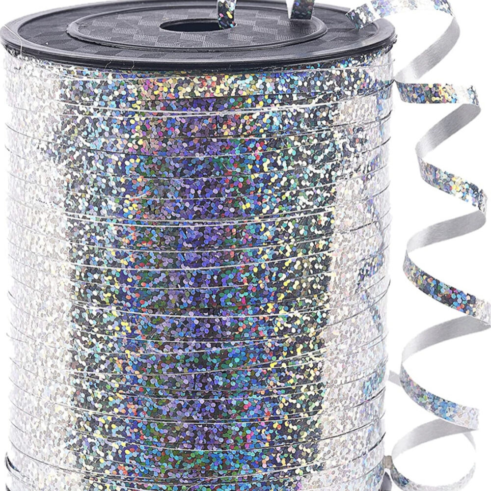 סליל חוט לקשירת בלונים 500 יארד כסף מנצנץ