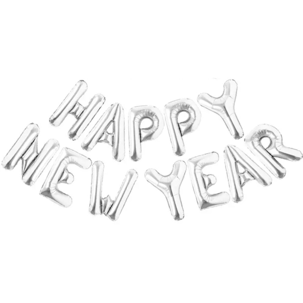 ערכת בלוני אותיות מיילר 14 אינצ׳ - Happy New Year כסף נצנצים