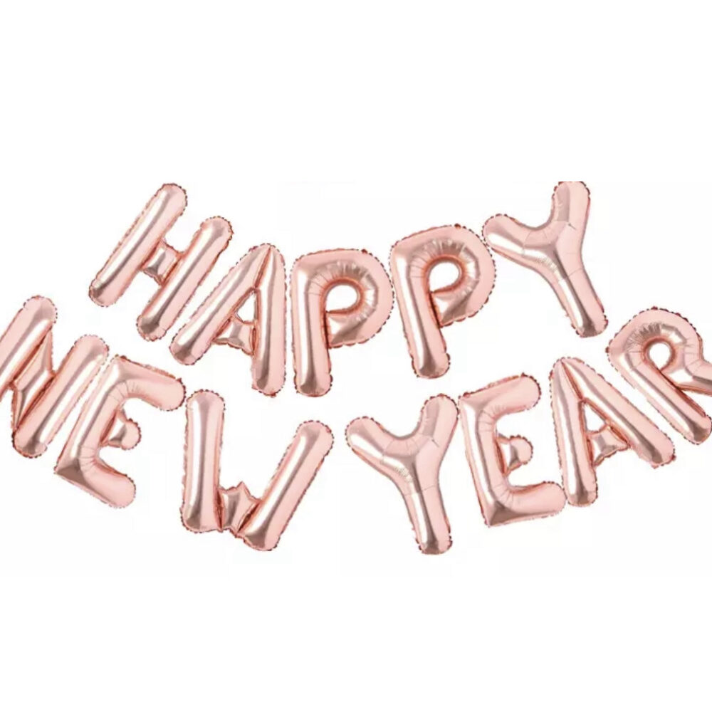 ערכת בלוני אותיות מיילר 14 אינצ׳ - Happy New Year רוז גולד נצנצים