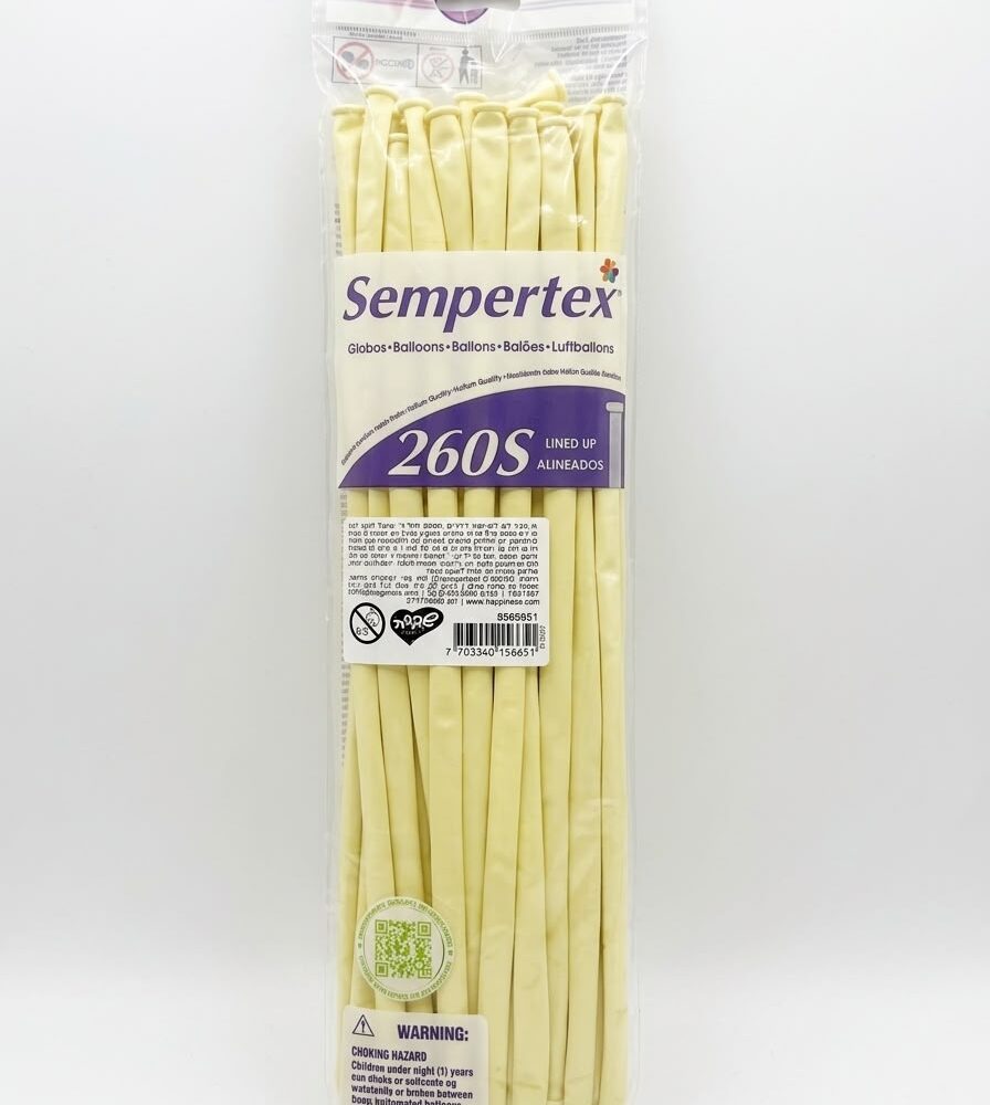 50 יח׳ בלוני גומי נקניק 260׳ צהוב מט S260 Sempertex יח Pastel Matte Yellow 620